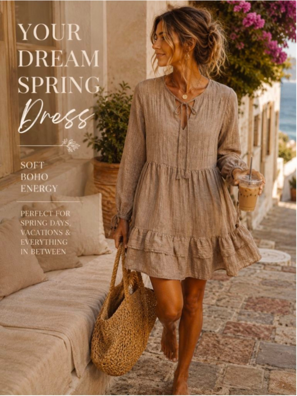 Boho Cotton Gauze Babydoll Mini Dress Taupe Ruffle Peasant Cottagecore